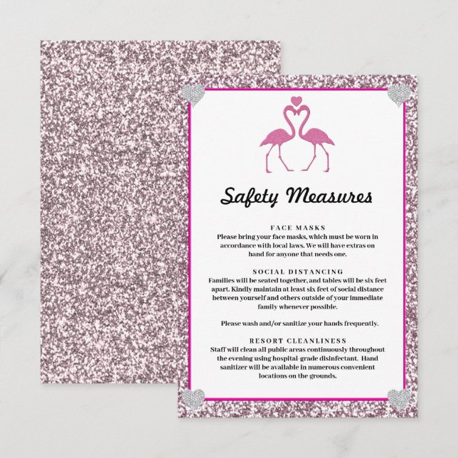 Tropical Pink Glitter Flamingo Safety Measures Enclosure Card (Front/Back)