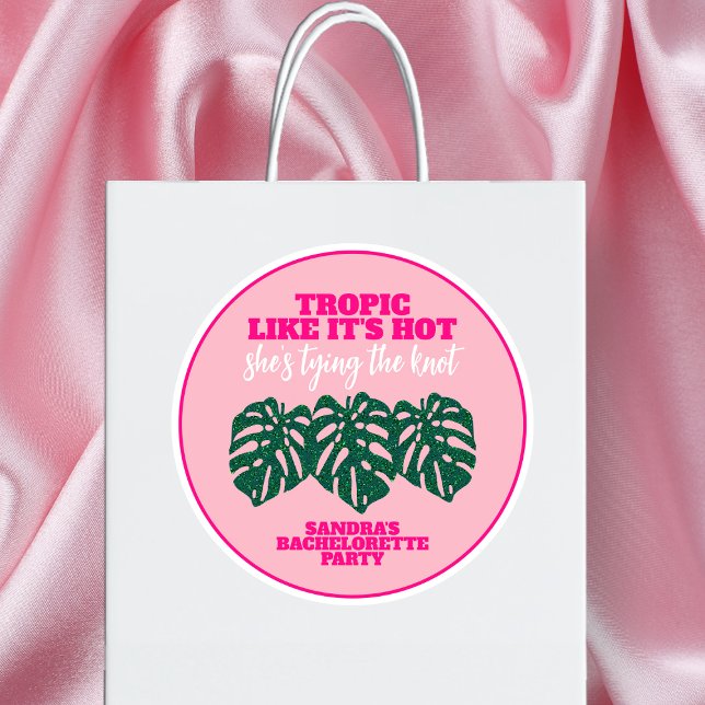 Tropical Pink Glitter Monstera Bachelorette Party Classic Round Sticker (Tropical Pink Glitter Monstera Bachelorette Party Classic Round Sticker)