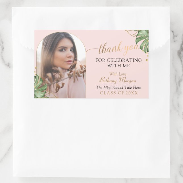 Tropical Pink Gold Arch Photo Graduation Thank You Sticker (Bag)