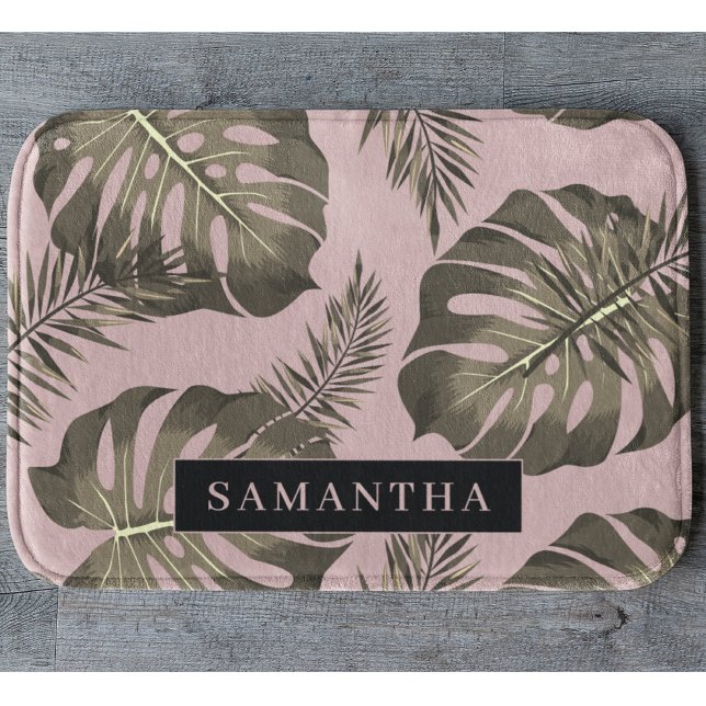Tropical Pink & Gold Palm Leaves Pattern & Name  Bath Mat (Creator Uploaded)
