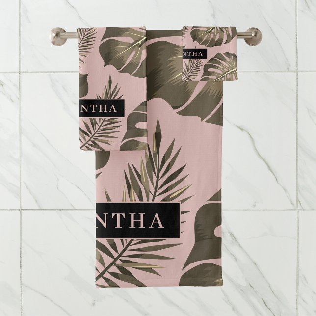 Tropical Pink & Gold Palm Leaves Pattern & Name  Bath Towel Set (Creator Uploaded)