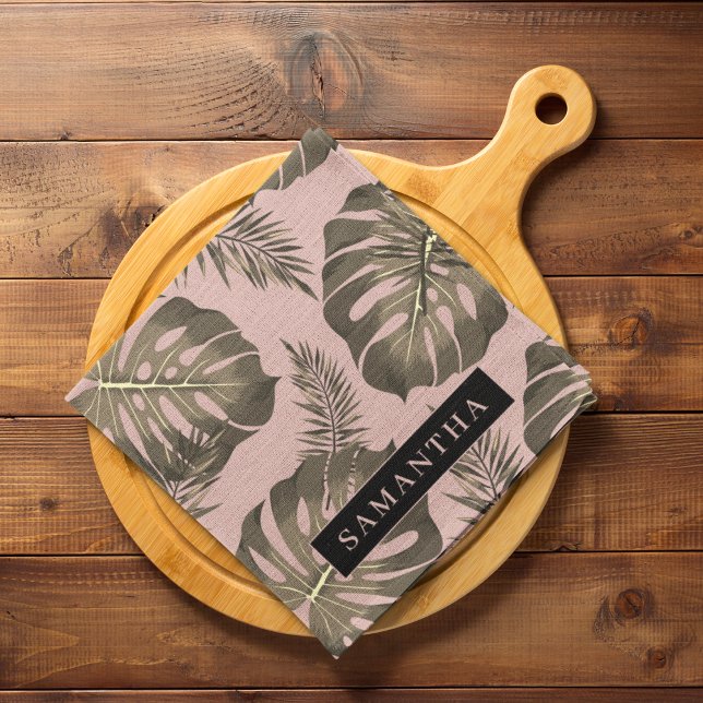 Tropical Pink & Gold Palm Leaves Pattern & Name  Kitchen Towel (Creator Uploaded)