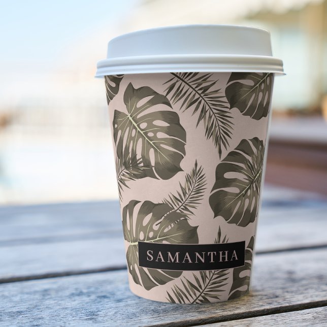 Tropical Pink & Gold Palm Leaves Pattern & Name  Paper Cups (Creator Uploaded)