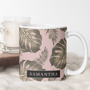 Tropical Pink & Gold Palm Leaves Pattern & Name Two-Tone Coffee Mug