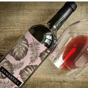 Tropical Pink & Gold Palm Leaves Pattern & Name  Wine Label