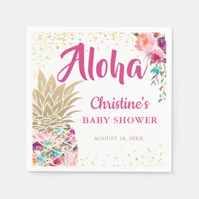 Tropical Pink Gold Pineapple Baby Shower Paper Napkin (Front)
