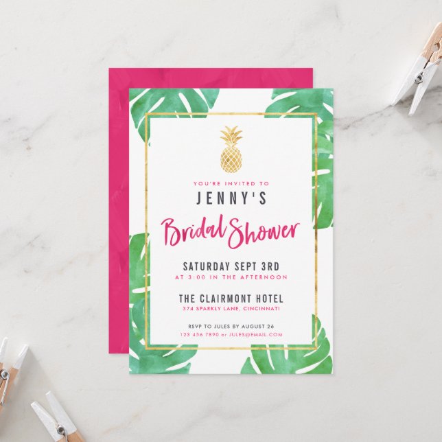 Tropical Pink & Gold Pineapple Bridal Shower Invitation (Front/Back In Situ)