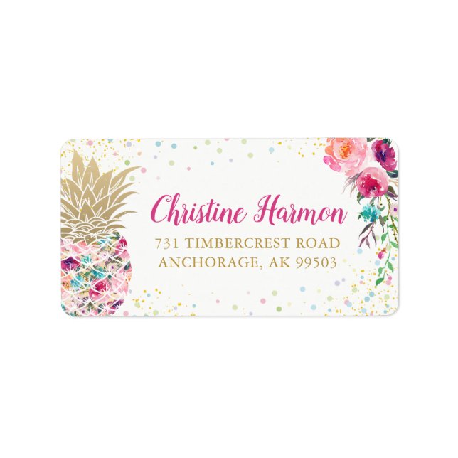 Tropical Pink Gold Pineapple Floral Glitter Label (Front)