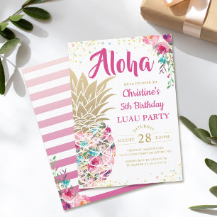 Tropical Pink Gold Pineapple Floral Luau Birthday Invitation