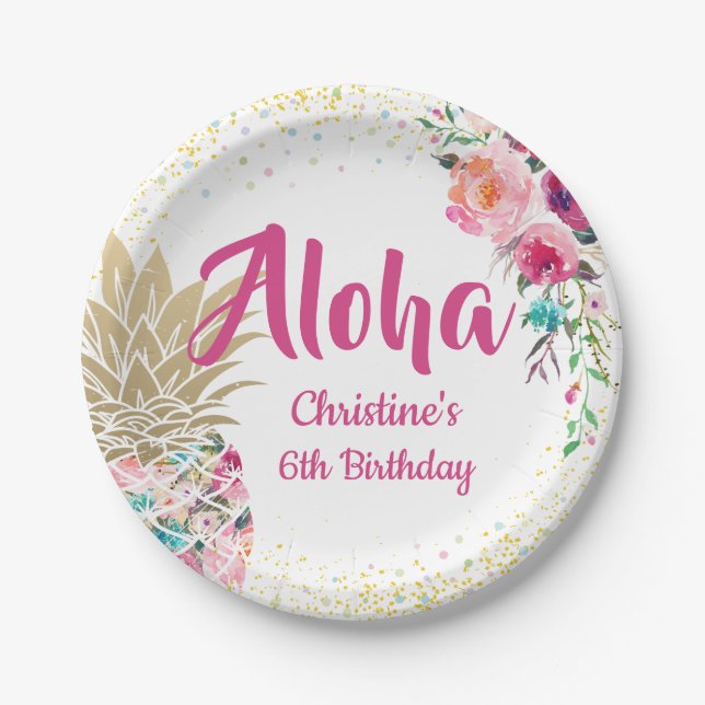 Tropical Pink Gold Pineapple Floral Paper Plates (Front)