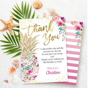 Tropical Pink Gold Pineapple Floral Thank You Card