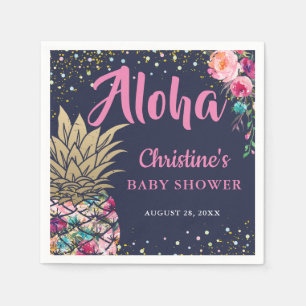 Tropical Pink Gold Pineapple Navy Blue Baby Shower Napkin