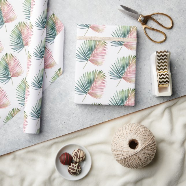 Tropical Pink Green Leaf Wedding Wrapping Paper (Crafts)
