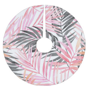 Tropical Pink Green Leaves Watercolor Brushed Polyester Tree Skirt