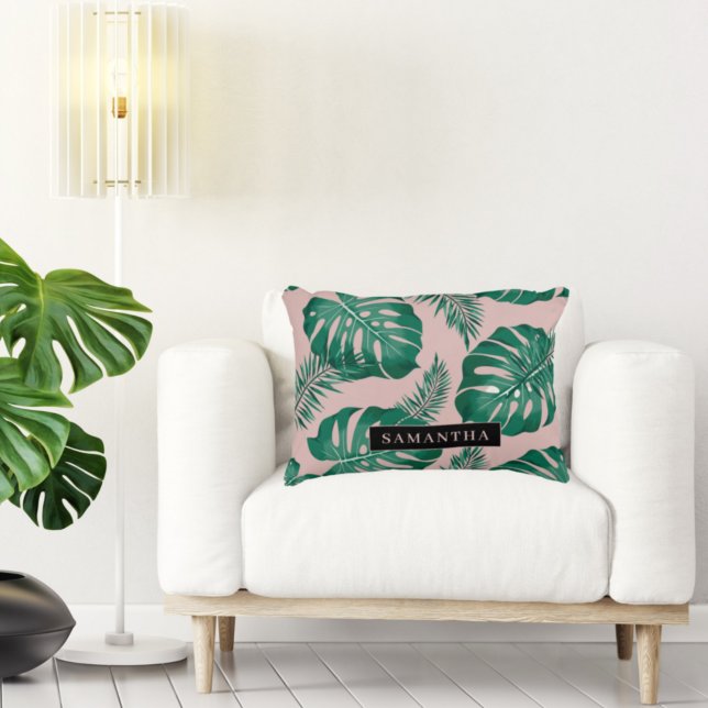 Tropical Pink & Green Palm Leaves Pattern & Name Accent Pillow (Creator Uploaded)
