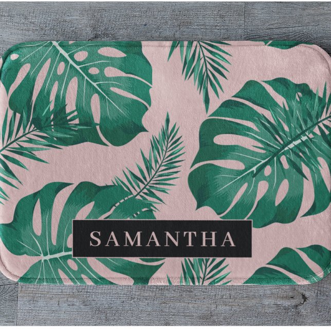 Tropical Pink & Green Palm Leaves Pattern & Name Bath Mat (Creator Uploaded)