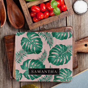 Tropical Pink & Green Palm Leaves Pattern & Name Cutting Board
