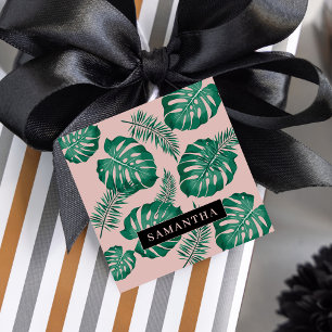Tropical Pink & Green Palm Leaves Pattern & Name Favour Tags