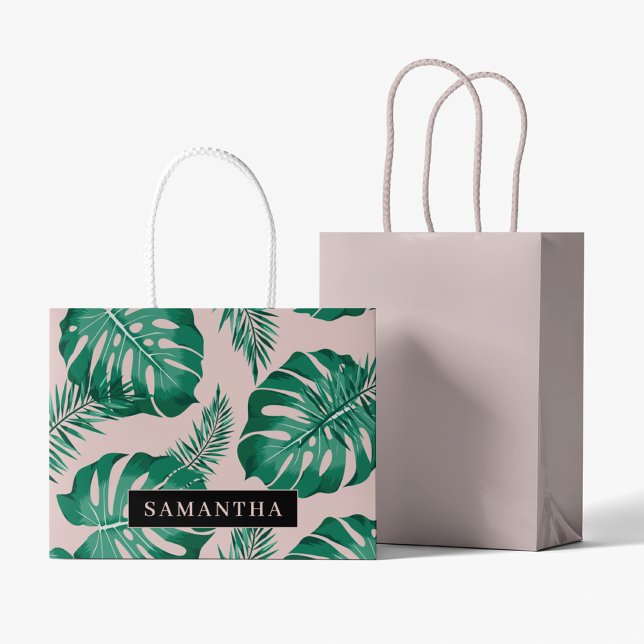 Tropical Pink & Green Palm Leaves Pattern & Name Large Gift Bag (Creator Uploaded)