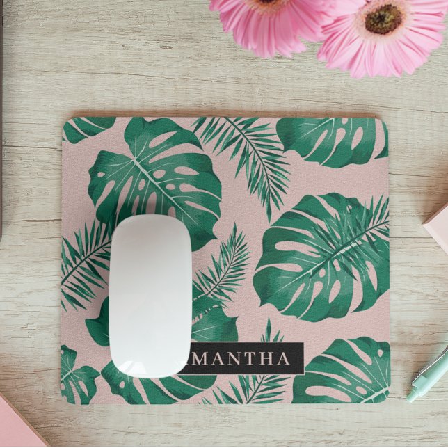 Tropical Pink & Green Palm Leaves Pattern & Name Mouse Pad (Creator Uploaded)