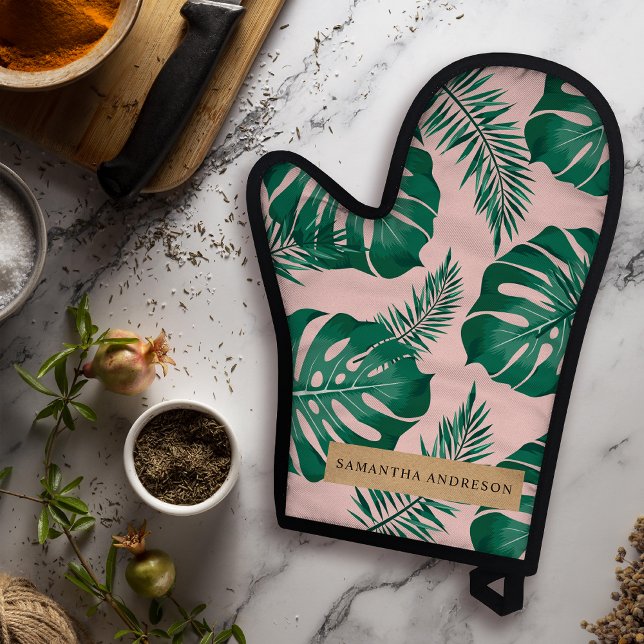 Tropical Pink & Green Palm Leaves Pattern & Name Oven Mitt & Pot Holder Set (Creator Uploaded)