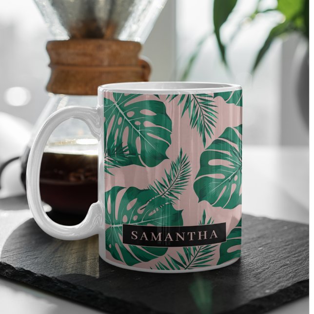 Tropical Pink & Green Palm Leaves Pattern & Name Two-Tone Coffee Mug (Creator Uploaded)
