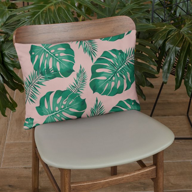 Tropical Pink & Green Palm Leaves Seamless Pattern Accent Pillow (Creator Uploaded)