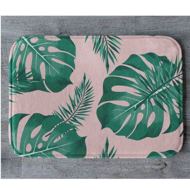 Tropical Pink & Green Palm Leaves Seamless Pattern Bath Mat (Creator Uploaded)
