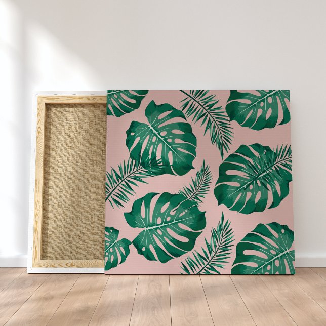 Tropical Pink & Green Palm Leaves Seamless Pattern Canvas Print (Creator Uploaded)
