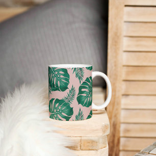 Tropical Pink & Green Palm Leaves Seamless Pattern Coffee Mug