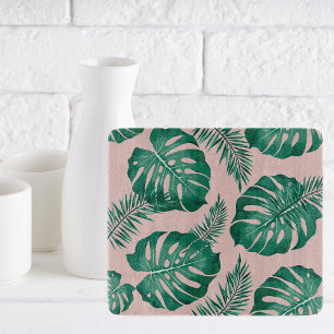 Tropical Pink & Green Palm Leaves Seamless Pattern Cutting Board