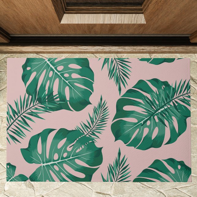 Tropical Pink & Green Palm Leaves Seamless Pattern Doormat (Creator Uploaded)