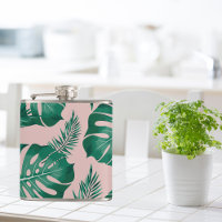 Tropical Pink & Green Palm Leaves Seamless Pattern