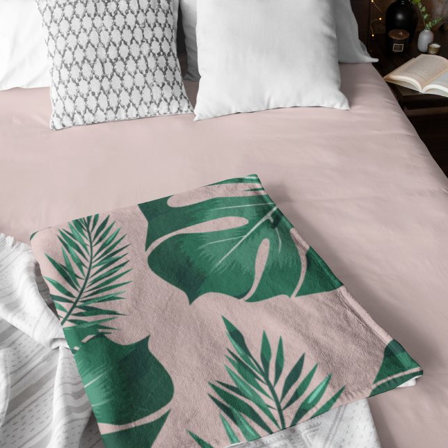 Tropical Pink & Green Palm Leaves Seamless Pattern Sherpa Blanket (Creator Uploaded)