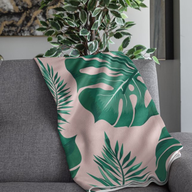 Tropical Pink & Green Palm Leaves Seamless Pattern Throw Blanket (Creator Uploaded)
