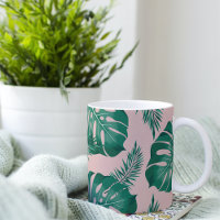 Tropical Pink & Green Palm Leaves Seamless Pattern