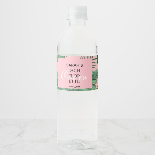 Tropical Pink Greenery Bachelorette Party Favour  Water Bottle Label (Front)