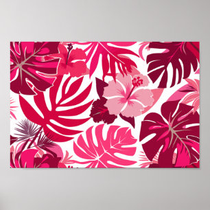 Tropical Pink Hibiscus and Monstera Leaves Pattern Poster