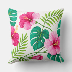 Tropical Pink Hibiscus and Monstera Leaves Throw Pillow