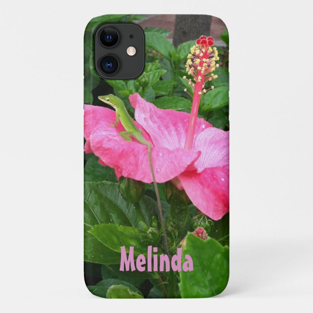 Tropical Pink Hibiscus Anole Lizard Photo Custom Case-Mate iPhone Case (Back)