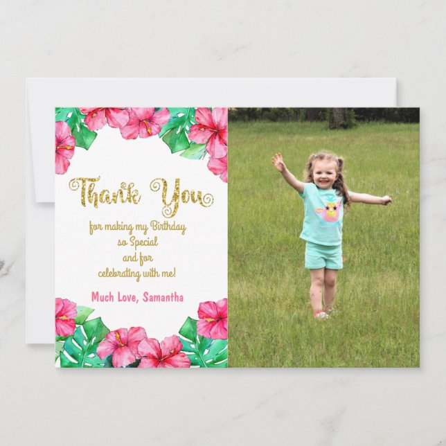Tropical Pink Hibiscus Birthday Photo Thank You  (Front)