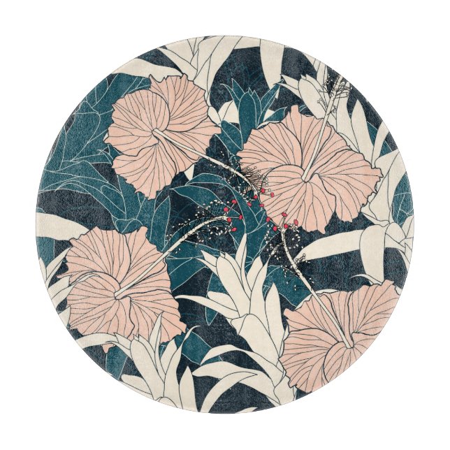 Tropical pink hibiscus, dark background cutting board (Front)