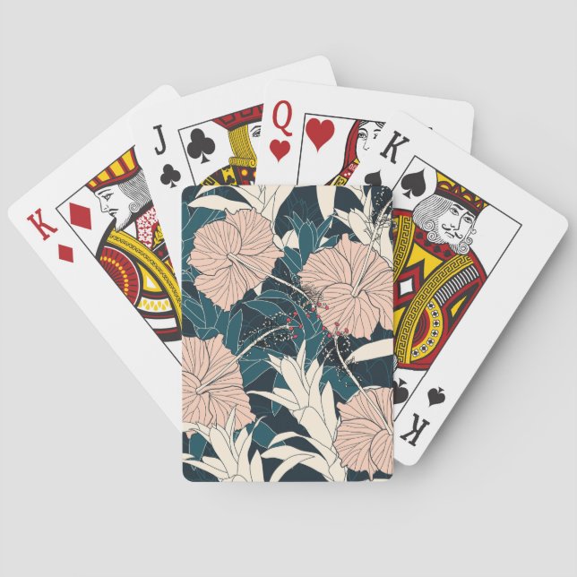Tropical pink hibiscus, dark background playing cards (Back)