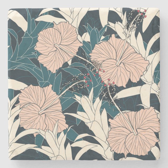 Tropical pink hibiscus, dark background stone coaster (Front)