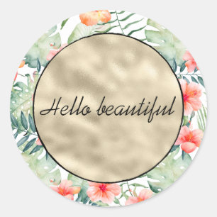 Tropical Pink Hibiscus Floral Gold   Classic Round Sticker