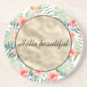 Tropical Pink Hibiscus Floral Gold Coaster