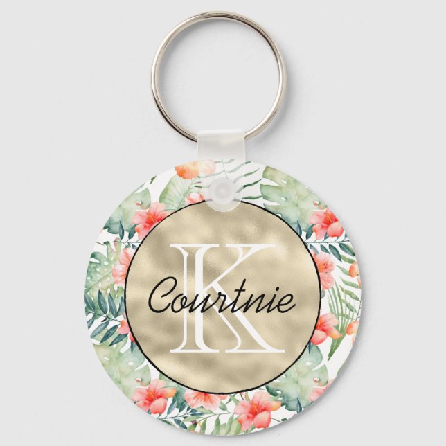 Tropical Pink Hibiscus Floral Gold Monogram     Keychain (Front)