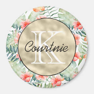 Tropical Pink Hibiscus Floral Gold Monogram      Magnet