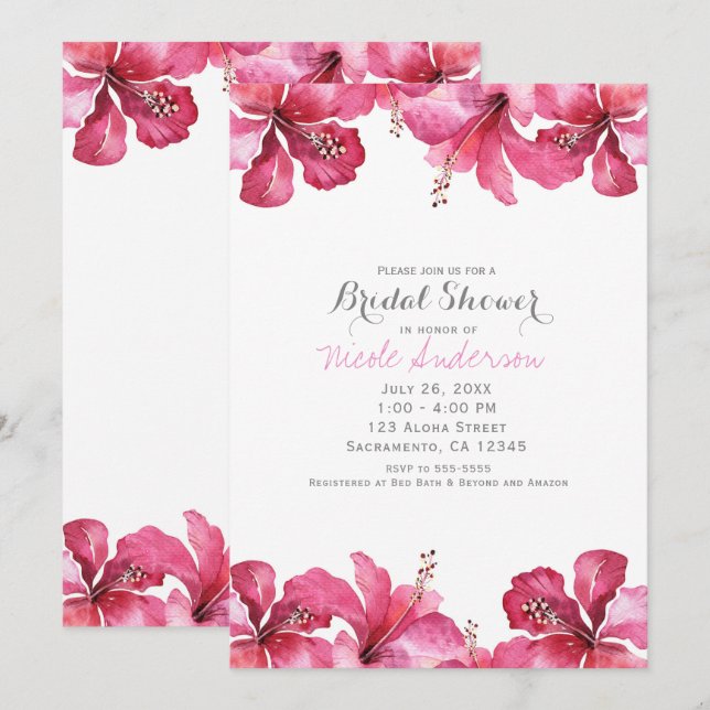 Tropical Pink Hibiscus Floral Hawaiian Invitations (Front/Back)