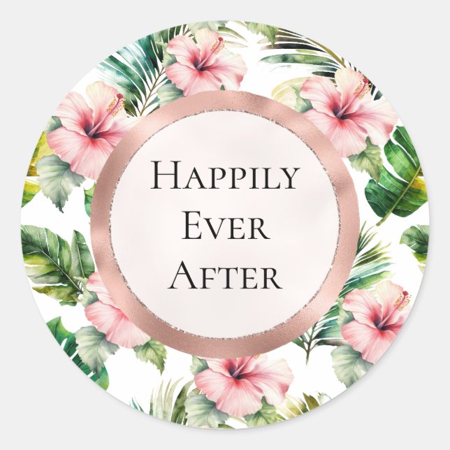 Tropical Pink Hibiscus Floral Wedding Classic Round Sticker (Front)